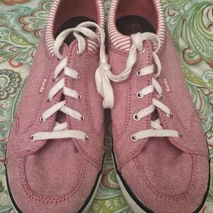 Keds Pink Center Chambray Canvas shoes with striped design..